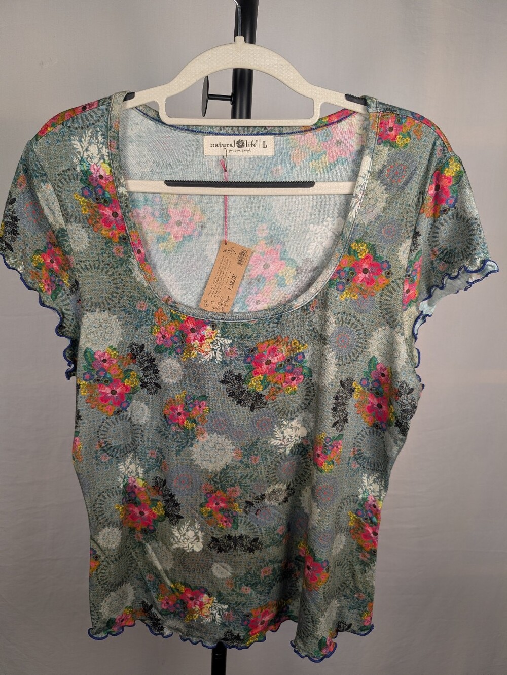 NWT NATURAL LIFE Floral Mesh Short Sleeve Tee in Teal with Pink & Yellow Accents